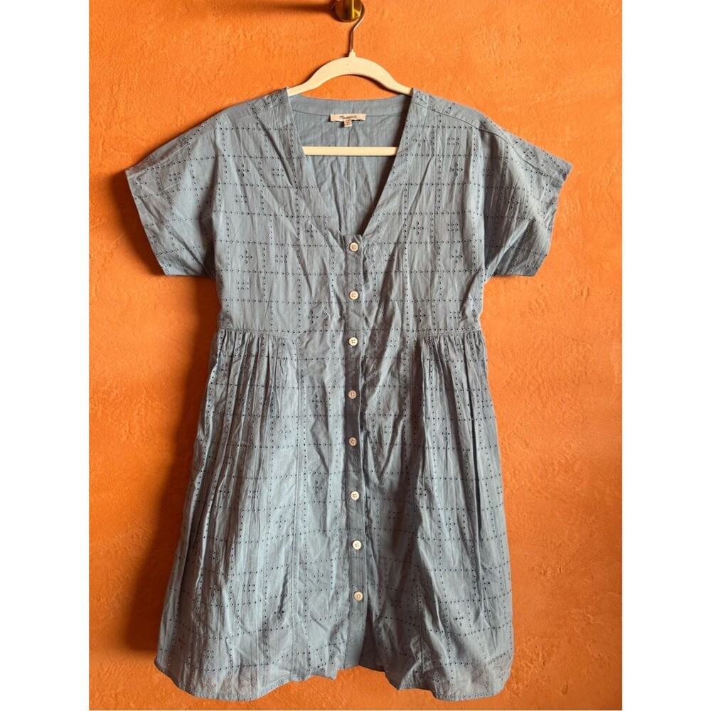 Blue Eyelet Cotton Babydoll Mini Dress Cottagecore Button Front XS